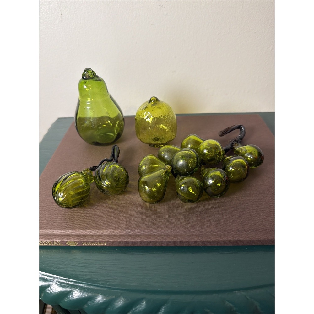 Vintage 60s Mid Century Modern Green Glass Handblown Fruit Set Pear Lime Grapes